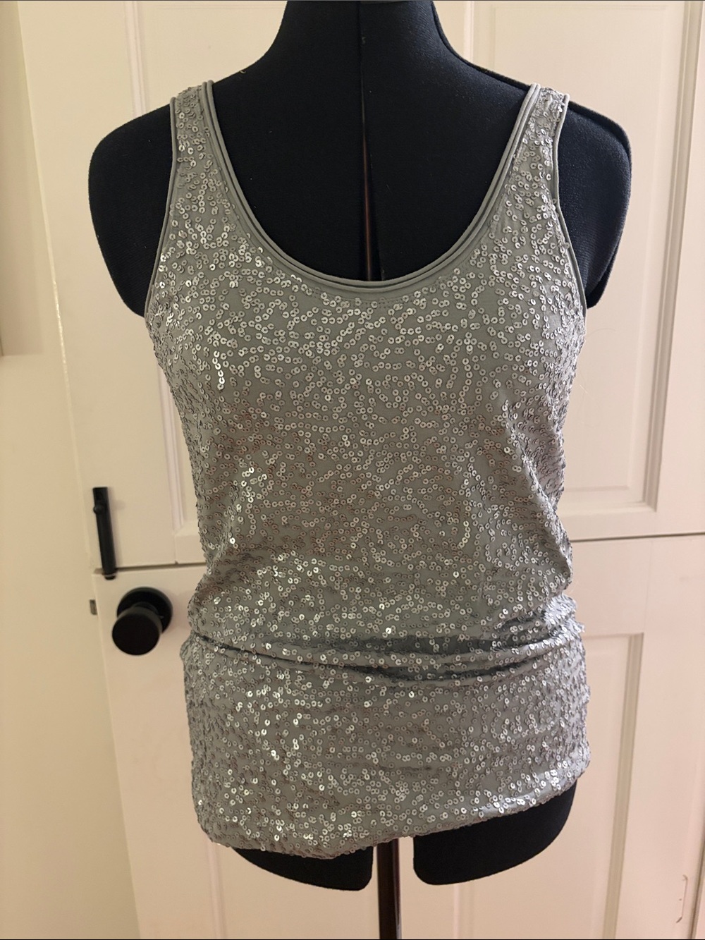 Silver Sequin Scoop Neck Tank Top - Women